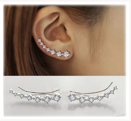 Elensan1 Bling oorclips, 7 kristallen, 925 sterling zilver, hypoallergeen - wit