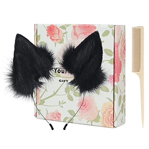HAOAN Handmade Cat Fox Fur Ears Hairhoop Headwear Anime Fancy Dress Party Cosplay Halloween Costume Headband Hairband Black - Black