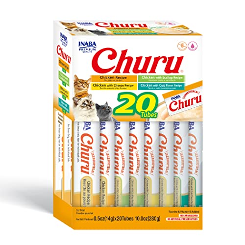 INABA Churu Cat Treats, Grain-Free, Lickable, Squeezable Creamy Purée Cat Treat/Topper with Vitamin E & Taurine, 0.5 Ounces Each Tube, 20 Tubes, Chicken Variety Box - Chicken Variety Box - 1 Count (Pack of 20)