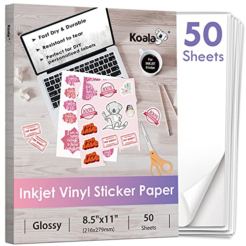 Koala Printable Vinyl Sticker Paper for Inkjet Printer - 50 Sheets White Glossy Sticker Paper, Waterproof Sticker Printer Paper 8.5x11 Inch, Tear-Resistant, Removable - 50