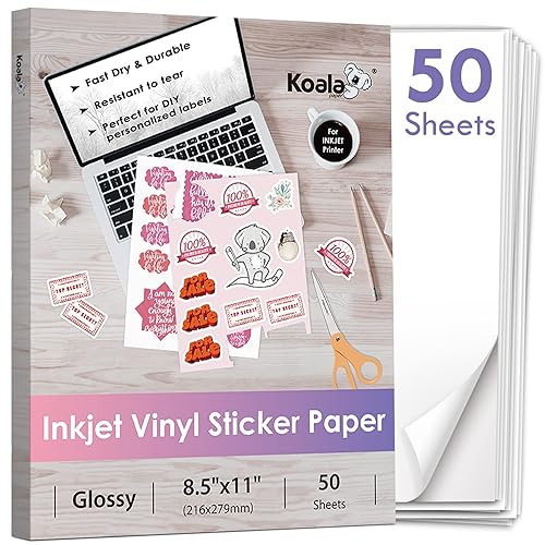 Koala Printable Vinyl Sticker Paper for Inkjet Printer - 50 Sheets White Glossy Sticker Paper, Waterproof Sticker Printer Paper 8.5x11 Inch, Tear-Resistant, Removable - 50
