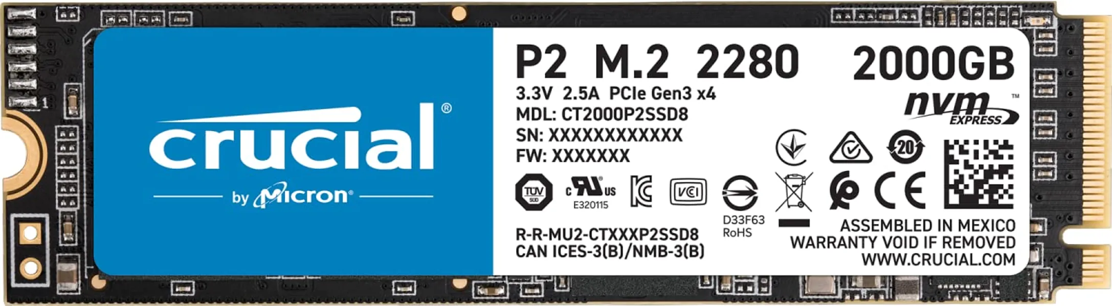 Crucial P2 CT2000P2SSD8 2TB Internes SSD, Bis zu 2400 MB/s (3D NAND, NVMe, PCIe, M.2)