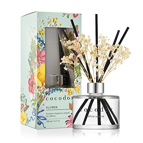 COCODOR Preserved Flower Reed Diffuser/White Jasmine/6.7oz(200ml)/1 Pack/Home & Office Decor Aromatherapy Diffuser Oil Gift Set - White Jasmine - Real Flower/6.7Ounce/1Pack