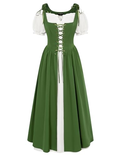 Scarlet Darkness Women Renaissance Dress Peasant Medieval Dress Long Sleeve Maxi Dress - Short Sleeve-green - Medium