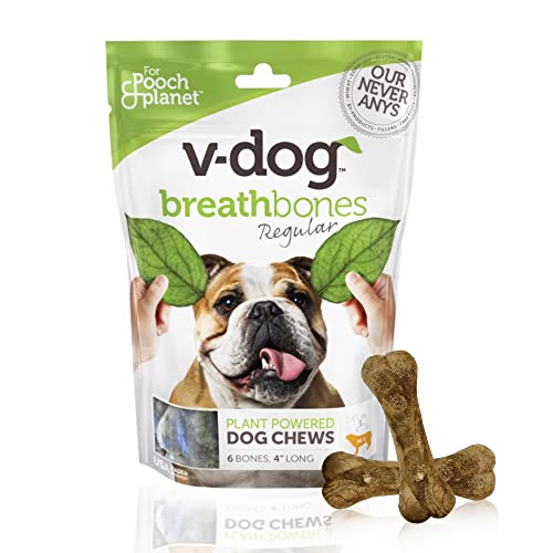 V-dog Dog Treats - Breathbone Teeth Cleaning Dental Dog Bones - Fresh Breath - 8 Ounces - All Natural - Made in USA - 6 Bones - 4" Long - Easy to Digest