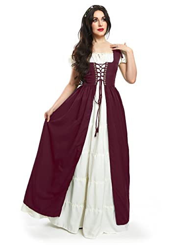 Reminisce Boho Set Renaissance Madrigal Medieval Irish Costume Chemise and Over Dress - Burgundy - Small/Medium