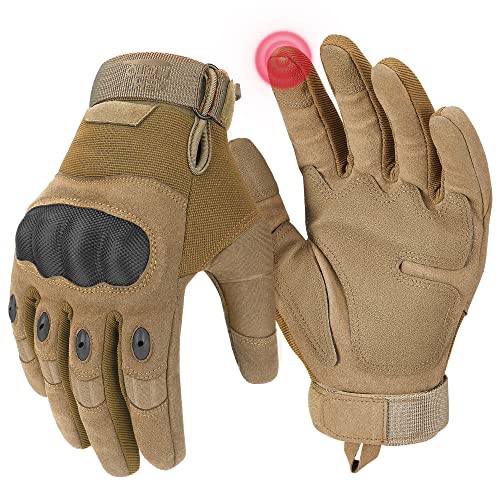 KEMIMOTO Tactical Gloves for Men, Touchscreen Motorcycle Gloves with Hard Shell & Palm Padding for Sports Motorcycle Cycling Tactical Airsoft Paintball Hunting Hiking Camping Climbing - Large - Brown, Microfiber Protection