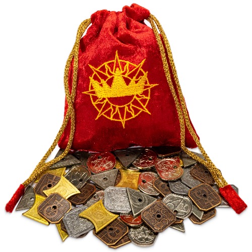 King’s Coffers: 5e Compatible Roleplaying Coins & Pouch - 60 Metal Pieces, 5 Denominations - Tabletop RPG & Strategy Board Game Fantasy D&D Currency & Treasure for GMS & Players - TTRPG Accessories - 