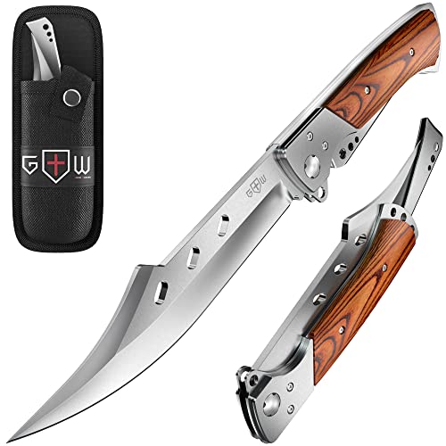 Long Blade Folding Knife - Sharp Hunting Hiking Camping Tactical Survival Work Knives for Men Women - Foldable Large Knife with Rosewood Handle - Fits any Knife Sharpener - Father s Day Gifts 4172 - 1. Wood