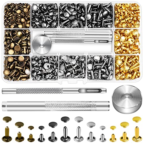 Jetmore 480 Pack Leather Rivets, Brass Rivets for Fabric, Leather Rivet Kit, Double Cap Rivet for DIY Leather Craft, Hats, Purse, Shoes, Bag, Remaches para Cuero - 480 Pack