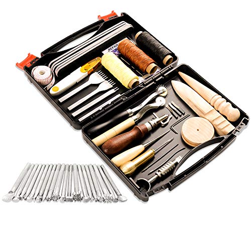 BAGERLA 50 Pieces Leather Working Tools and Supplies with Leather Tool Box Prong Punch Edge Beveler Wax Ropes Needles Perfect for Stitching Punching Cutting Sewing Leather Craft Making