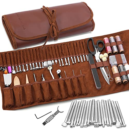 TLKKUE Leather Craft Tools Leather Working Tools Kit with Custom Storage Bag Leather Carving Tools Leather Craft Making for Cutting Punching Sewing Carving Stamping Leather Tooling Kit