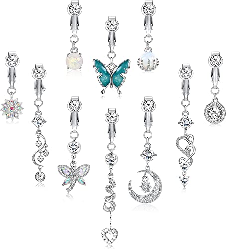 Milacolato 10 Pcs Fake Belly Ring for Women Fake Dangle Belly Button Rings Non Piercing CZ Opal Butterfly Moon Clip on Belly Button Ring