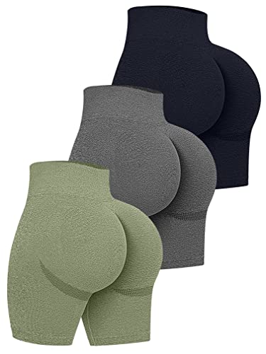 OQQ Women's 3 Piece High Waist Workout Shorts Butt Lifting Tummy Control Ruched Booty Smile Yoga Short Pants - Black Grey Avocadogreen - Medium