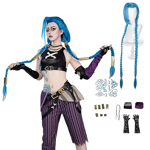 Anime Game Newly Upgraded Vest Pants Cosplay Costume Suit with Long Blue Wig for Women Halloween - Clothing+wig - Medium