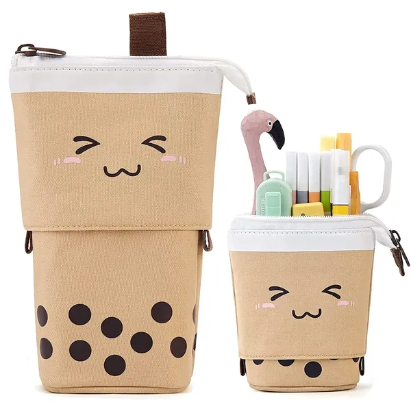 Cute Pencil Case, [Upgraded Version] OLIYuMi Telescopic Pencil Pouch Stand Up Pencil Case Cartoon Pencil Storage Box Stationery Organizer Makeup Bag with Zipper Closure for Student Office College Boys and Girls (Coffee Milk Tea)