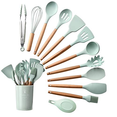 Kitchen Utensils, Silicone and Wood handle Heat-Resistant Non-Stick Cooking Tools Set of 11 with a Plastic Holder, Turner, Whisk, Spoon,Brush,Spatula, Ladle, Slotted turner, Tongs Pasta Fork,Brush (Green) - Green