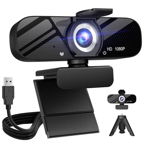 Full HD Webcam with Built-in Microphone and Rotatable Tripod, 1080P Video and Wide Angle Camera, Privacy Cover, for Desktop PC or Laptop Computer - 1080P Webcam with USB Cable