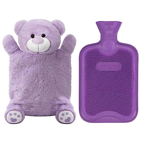 HomeTop Premium Classic Rubber Hot or Cold Water Bottle with Cute Stuffed Animal Cover (2 Liter, Light Purple) - Light Purple - 2 Liter