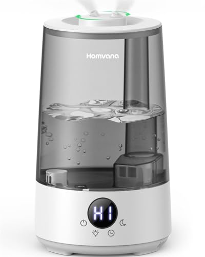 Homvana Easy to Clean Humidifier for Bedroom, 1.8L Cool Mist Top Fill Humidifiers for Baby Nursery, 3 in 1 Aroma Diffuser for Home Plants Offices and Kids Room, 7 Color Nightstand Light, Essential Oil - Grey