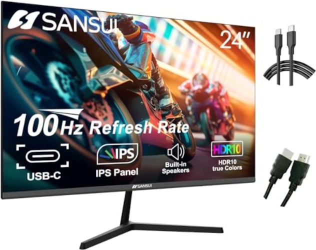 SANSUI Monitor 24 inch 100Hz IPS USB Type-C 1080P Computer Monitor Built-in Speakers HDMI DP HDR Game RTS/FPS Tilt Adjustable for Working and Gaming (ES-24X3 Type-C Cable & HDMI Cable Included) - 24Inch/IPS/100Hz/Type-C
