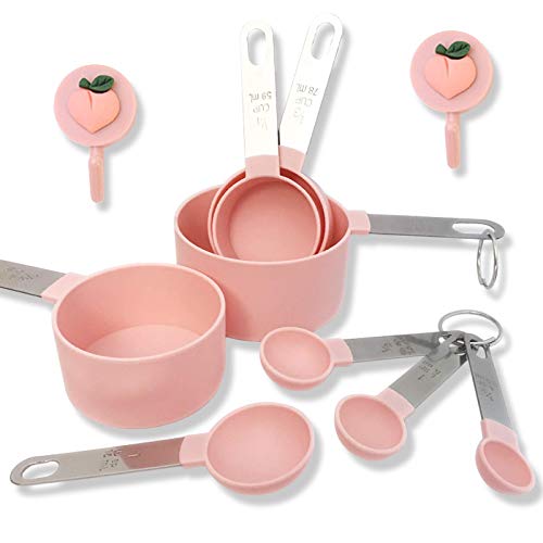 Measuring Cups and Measuring Spoons Cute Pink Set of 8pcs, Stainless Steel Handle ，XGiGiX Plastic Measure spoon and cup set，Included 2 pcs Kitchen Tool Hook Up. (PINK) - Pink