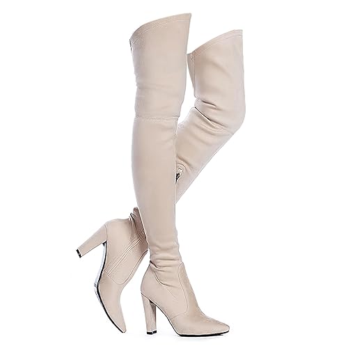 Shoe'N Tale Women Stretch Suede Chunky Heel Over The Knee Boots Thigh High for Women - 7 - Nude