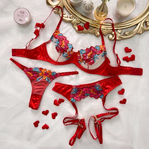 Sexy Red Satin Red Flowers 3pc Lingerie Set With Garter Belt S,M,L,XL | S / RED