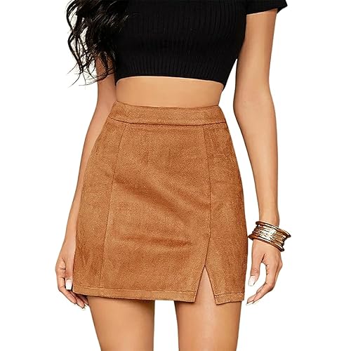 VNDFLAG Women's High Waist Faux Suede Side Split Bodycon Short Mini Skirt - Small - Khaki