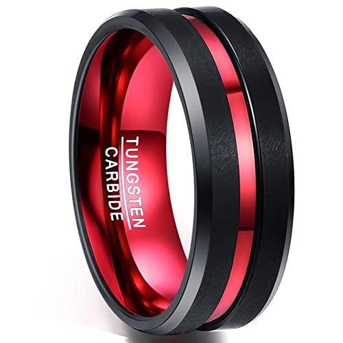 NUNCAD 8mm Men's Tungsten Rings Black Red/Blue/Rose Gold Grooved Center Matte Finish Wedding Band Polished Beveled Edges Size 4 to 16 - Black+Red - 16