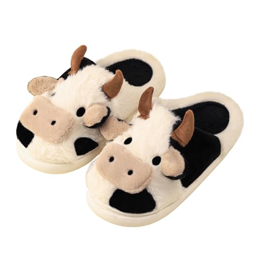 Gaolinci Cartoon Cow Cotton Slippers, Winter Indoor Outdoor Slippers for Women - 10 Women/9 Men - Cow
