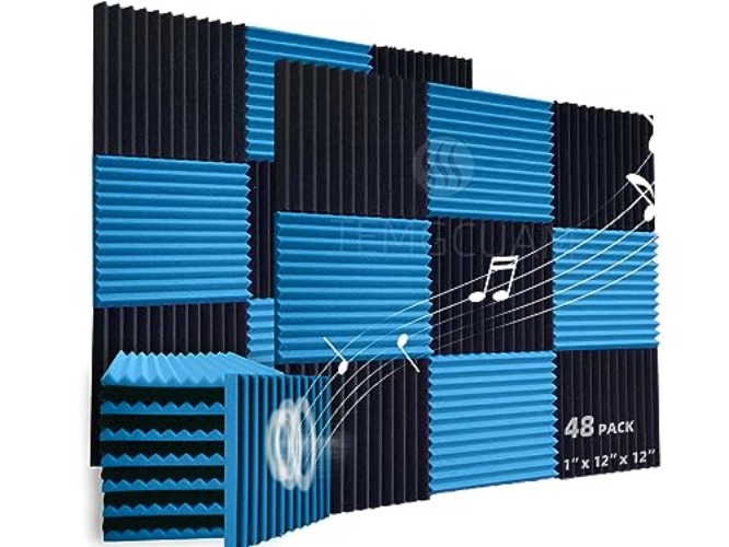 TEMGCUAM 48 Pack Sound Proof Foam Panels |Acoustic Panels Self-Adhesive | 1"×12"×12" Quick-Recovery Soundproof Wall Panels | High Density Sound Dampening Panels for Home Studio (24 Black+24 Blue) - 48 Pcs - Black Blue