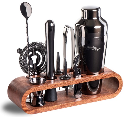 Mixology Bartender Kit: 10-Piece Bar Tool Set with Mahogany Stand | Perfect Home Bartending Kit and Martini Cocktail Shaker Set For a Perfect Drink Mixing Experience | Housewarming Gift (Gun-Metal) - Black Mahogany Stand
