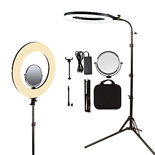 GIJUANRING 18" 60W Dimmable 3200-5600K LED Ring Light, Photography Lighting Makeup Selfie Beauty Lighting Eyebrow Tattoo Lamp Studio Video Shooting Circle Light Kit with Stand,Mirror,Carrying Bag - 18-in mirror and soft tube kit