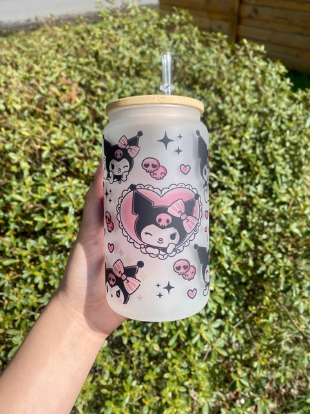 Kuromi Libbey Glass Can 16oz | Cute Kuromi Cup | Sanrio Glass Cups | Gift for her | Kuromi gift | Bling Bamboo Lid | Kawaii Kitty Cup