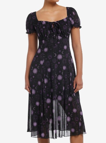 Cosmic Aura Purple Celestial Mesh Midi Dress