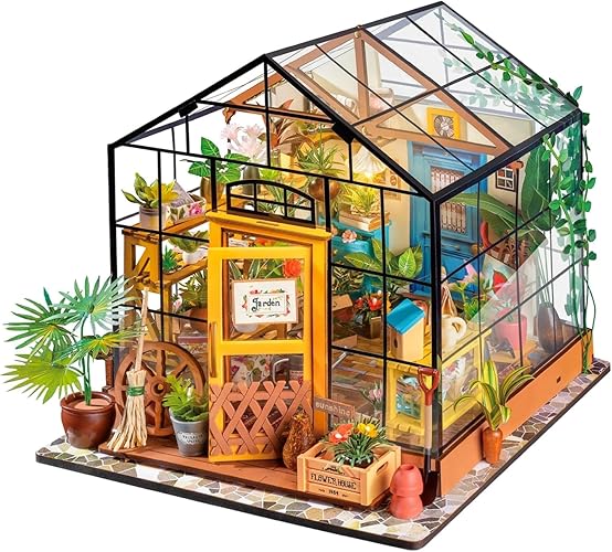 ROBOTIME DIY Miniature Dollhouse Wooden Miniature Furniture Kit Mini Green House with LED Best Birthday Gifts - Cathy's Flower House