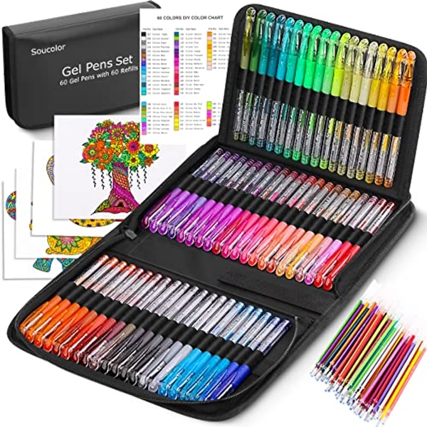Soucolor Glitter Gel Pens for Adult Coloring Books, 120 Pack-60 Glitter Pens, 60 Refills and Travel Case, 40% More Ink Glitter Gel Markers Pen Set for Drawing Doodling Journaling Craft Art Supplies