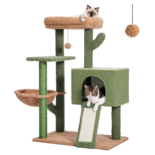 PAWZ Road 41 Inches Cactus Cat Tower with Sisal Covered Scratching Post and Cozy Condo for Indoor Cats, Cat Climbing Stand with Plush Perch &Soft Hammock for Multi-Level Cat Play House - Large