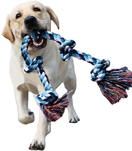 LECHONG Dog Rope Toys for Aggressive Chewers Tough Rope Chew Toys for Large and Medium Dog 3 Feet 5 Knots Indestructible Cotton Rope for Large Breed Dog Tug of War Dog Toy Teeth Cleaning - 1pack blue