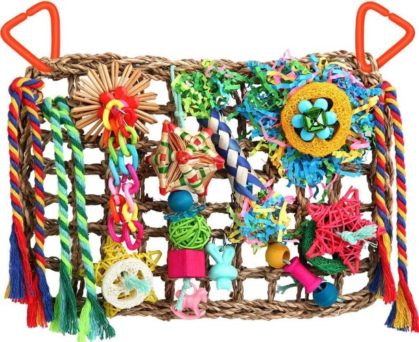 Cozioz Bird Foraging Toys for Parakeets, Cockatiels, Conures, and Lovebirds - Shredding Seagrass Wall with a Variety of Engaging Toys