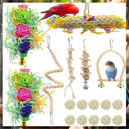 17Pcs Bird Toys,Parakeet Toys with Colorful Bird Chewing Shredding,Wooden Bird Chewing Toy,Bird Cage Accessories,Parrot Toys for Conures, Finches, Parrots, Macaws, Parrots, Lovebirds
