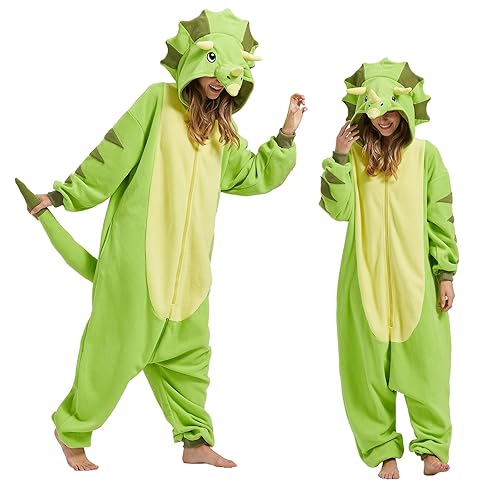 MAISUIZI Animal Triceratops Onesie Pajamas Adult Unisex Cosplay Halloween Christmas Novelty Nightwear Carnival Costume - XL - Cartoon Green Triceratops