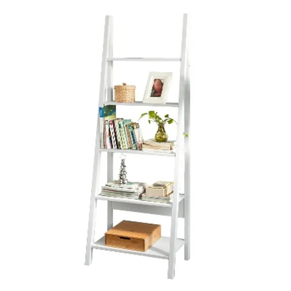 SoBuy® FRG61-W, Modern 5 Tiers Ladder Shelf Bookcase, Wood Storage Display Shelving, Wall Shelf, W64xD39xH180cm, White
