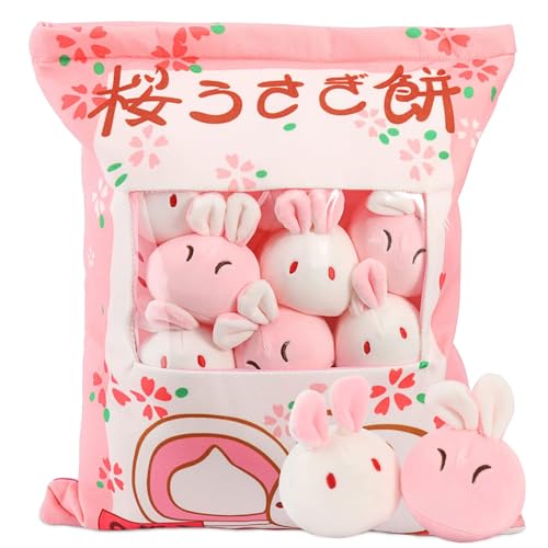 HXPLN Cute Snack Pillow Bunny Plush Pillow, Kawaii Rabbit Pudding Pillow with Bunny Dolls, Removable Stuffed Animal Toys Creative Gift for Kids, Girls, Boys (8 Sakura Bunnies) - 8 Sakura Bunnies