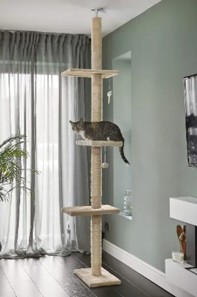 Runesol Reinforced Cat Tree 240-288cm Floor to Ceiling, Tall Ceiling to Floor Tower, Beige Cat Tree Scratching Post Floor to Ceiling Pole with Large Reinforced Platforms and Wall Bracket for Stability
