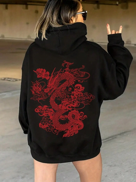 SHEIN Coolane Sudadera Con Capucha Y Estampado De Dragón Para Mujer Con Forro Polar