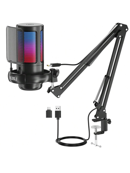 1 set negro USB juego Micrófono para PC , compatible con tocar mudo , RGB Luz , Mando con monitor Jack