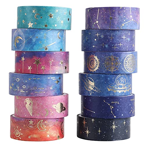 AEBORN Galaxy Purple Washi Tape - Gold Foil Washi Masking Tape with Constellation, Blue Sky, Moon, Star, Celestial, Perfect for Bullet Journal, DIY Crafts