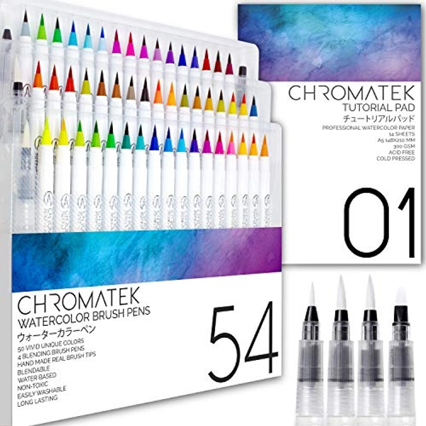 54 Watercolor Pens Set | Including 15 Page Pad & Online Video Tutorial Series | 4 Blending Brushes & 50 Unique Colors | Real Brush Pens | Easily Blendable, Vivid, Smooth | Professional Art Supplies
